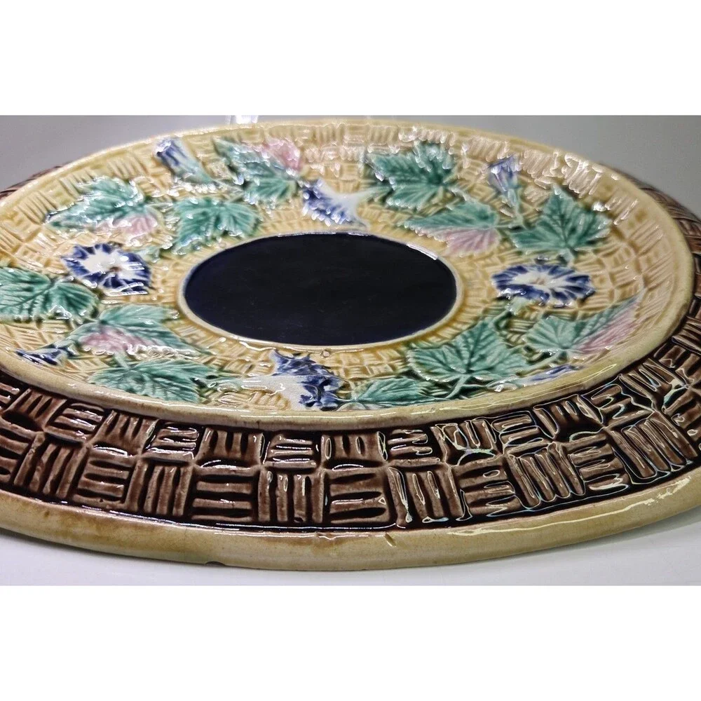 Antique Oval Majolica Basket Weave Footed Platter Floral Bread Bowl Cobalt 12¾